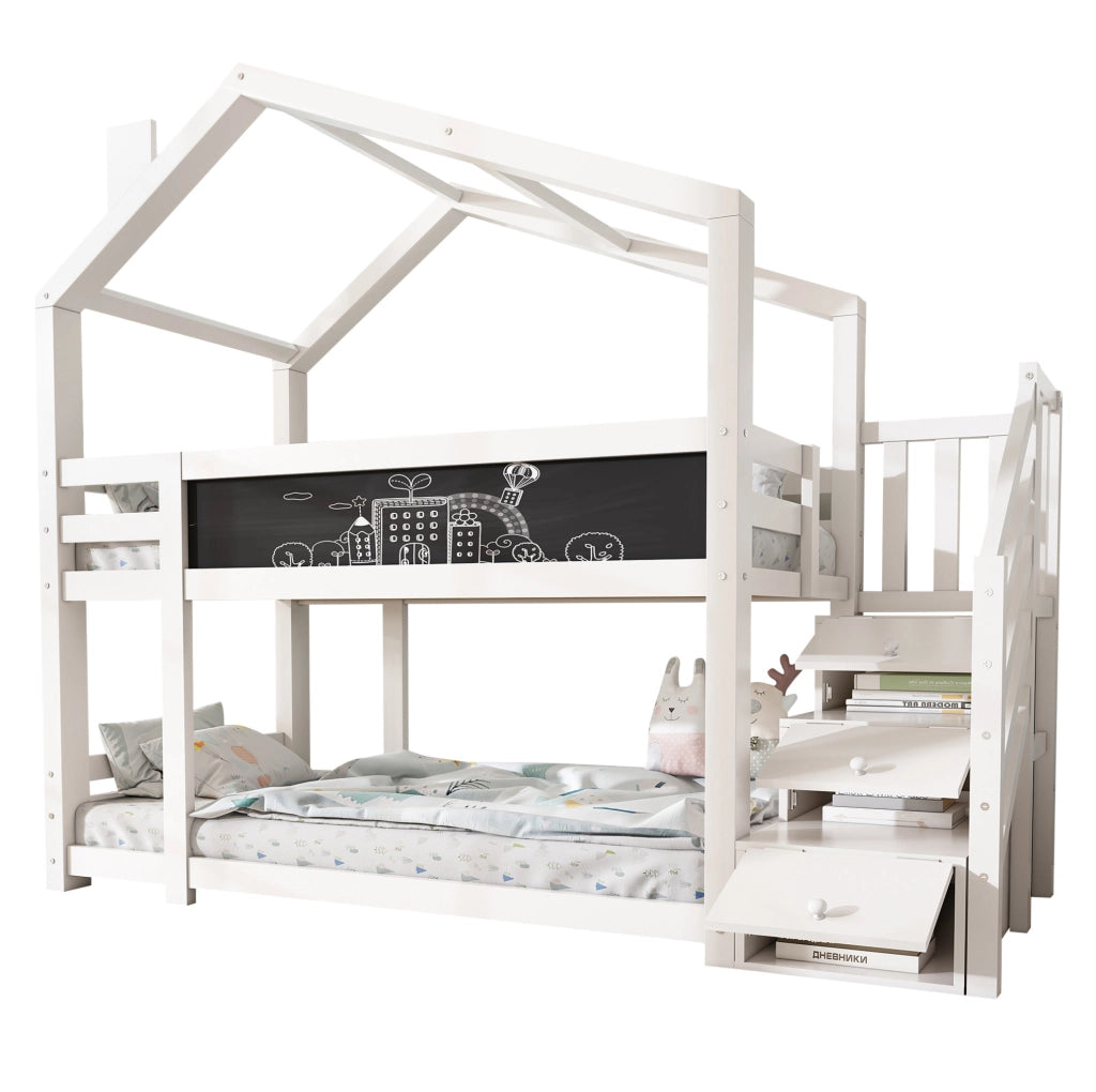 Letto a castello a casetta 90x200 cm con scala contenitore e lavagna