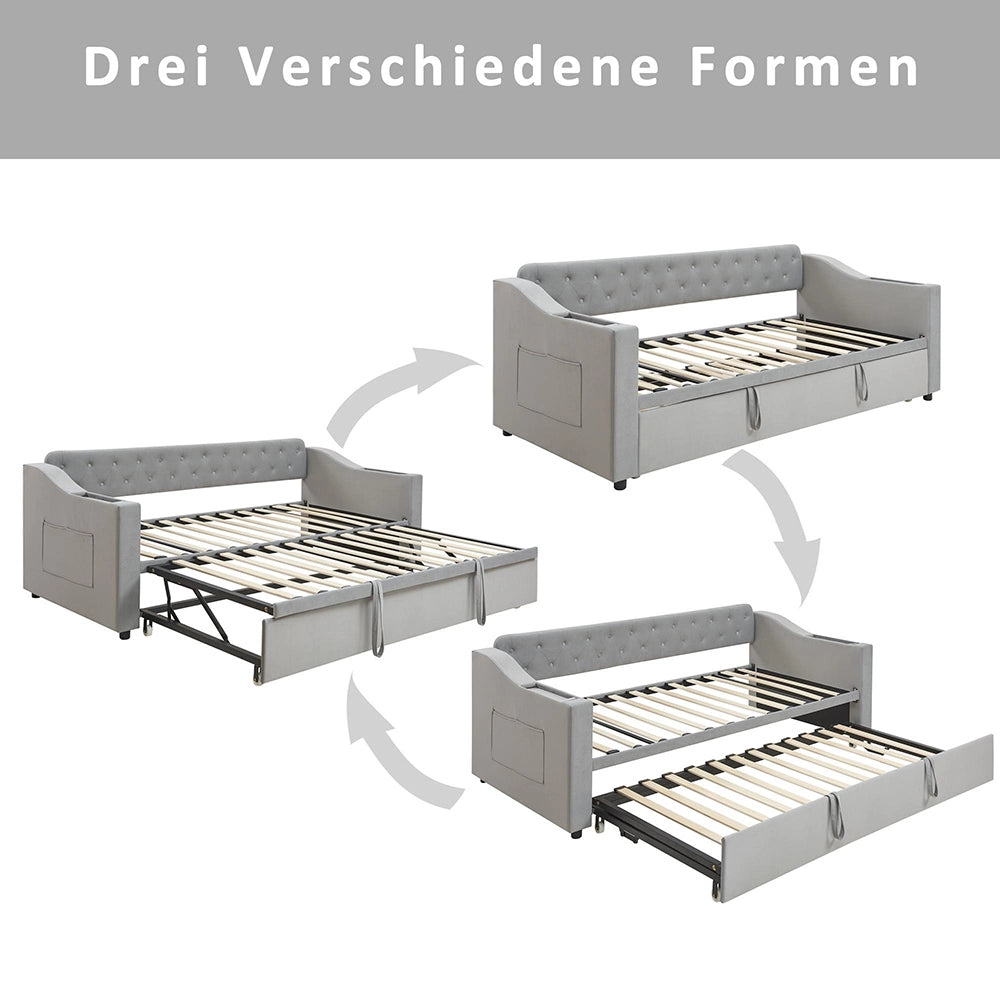 Divano letto - Xylo - 90/180x190 cm braccioli USB velluto grigio