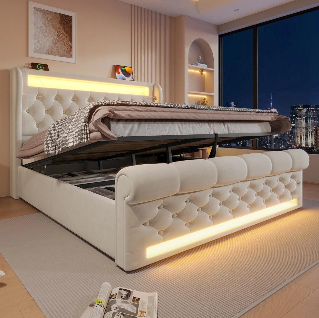 Letto imbottito con LED, ricarica USB e contenitore idraulico