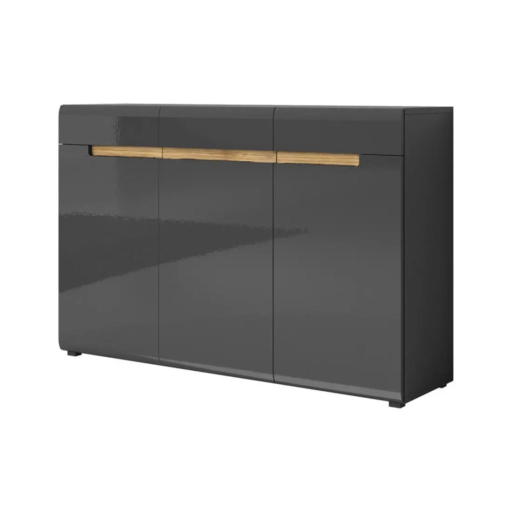 Comò design LUCIA, 3 porte e 3 cassetti. Color grigio lucido e rovere.