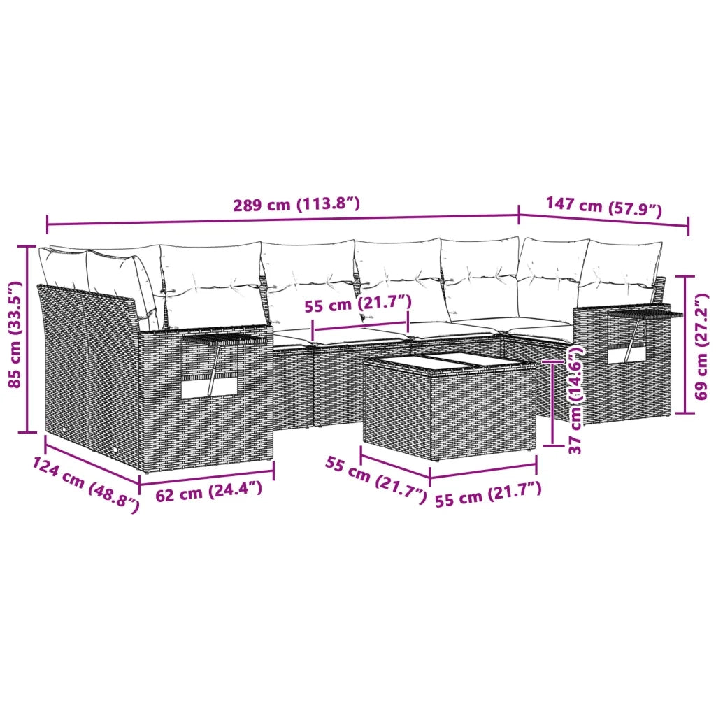 Set Divano da Giardino 8pz con Cuscini Grigio Chiaro Polyrattan