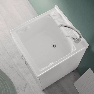 Mobile lavatoio 60x60 cm bianco con vasca asse lavapanni e kit di scarico