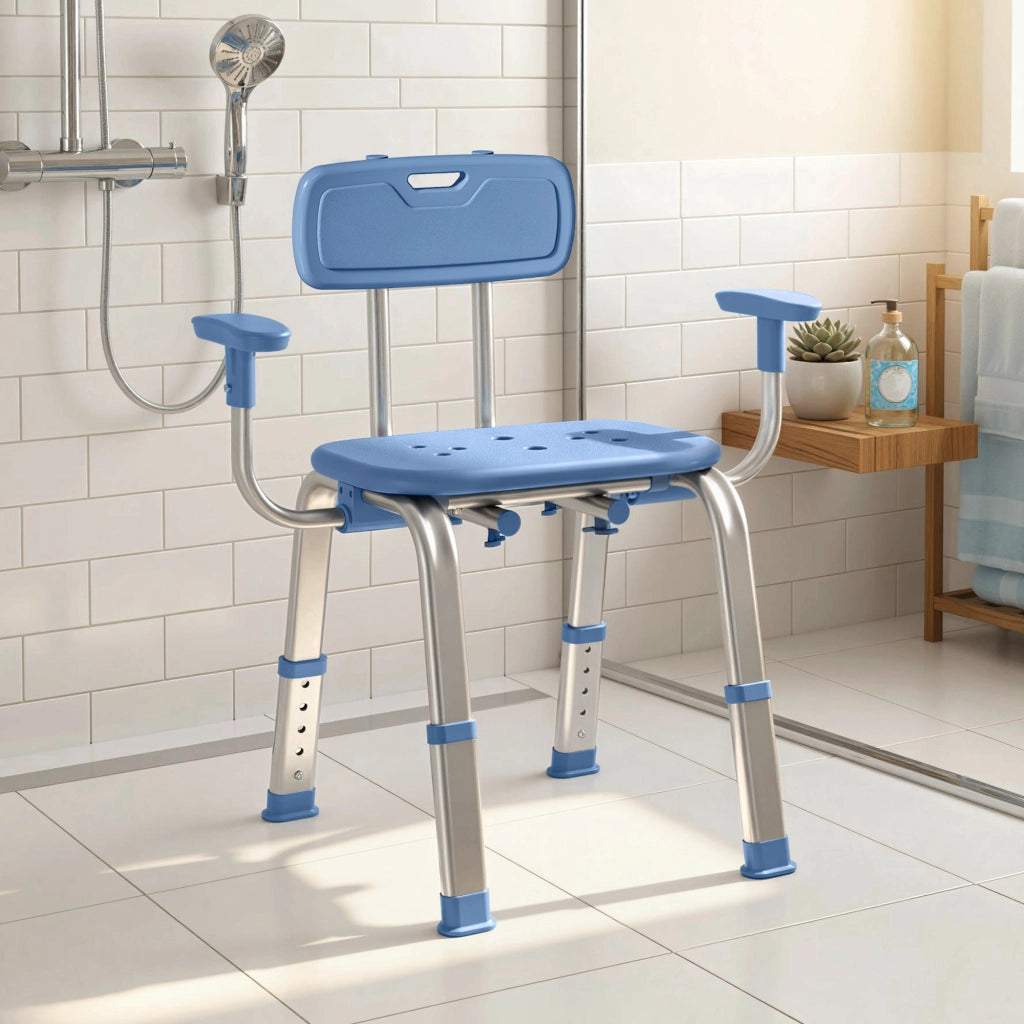 Sedia da Doccia Ergonomica con Braccioli e Schienale ¨C Xylo ¨C Altezza Regolabile Blu