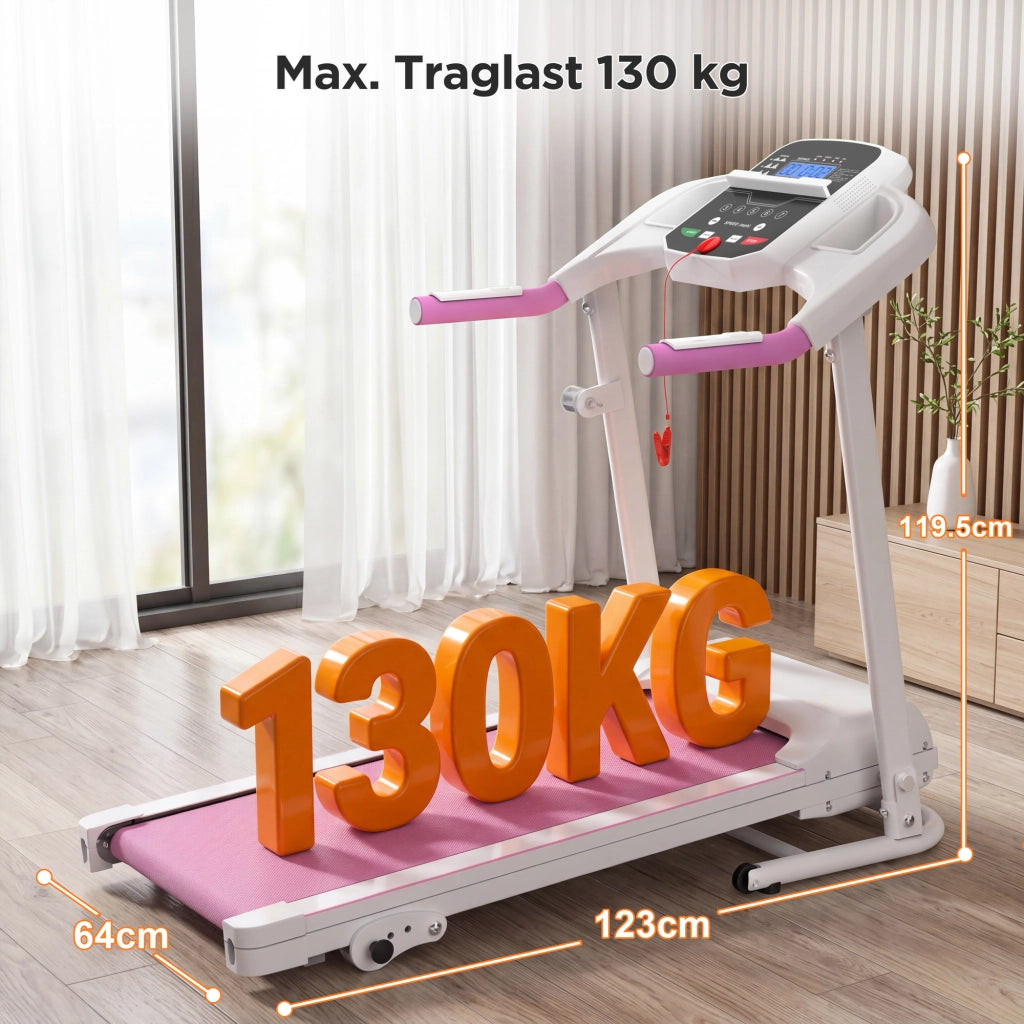 Tapis roulant con inclinazione pieghevole 123 x 64 x 119;5 cm; walking pad con maniglie in acciaio bianco e rosa; portata 120 kg