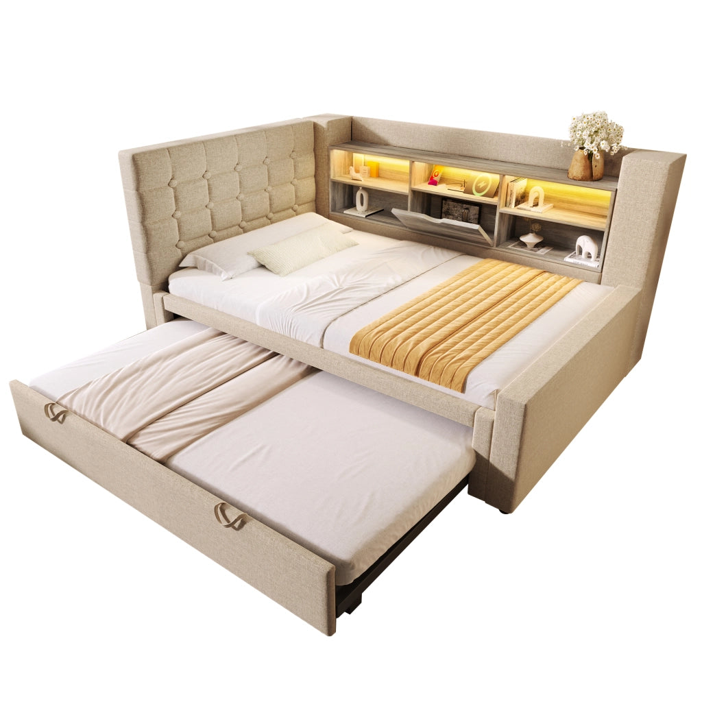 OKWISH Letto a Divano 90×200 cm, Letto Singolo con Letto Estraibile 90×190, LED Regolabile, USB e Tipo C, senza Materasso, Beige