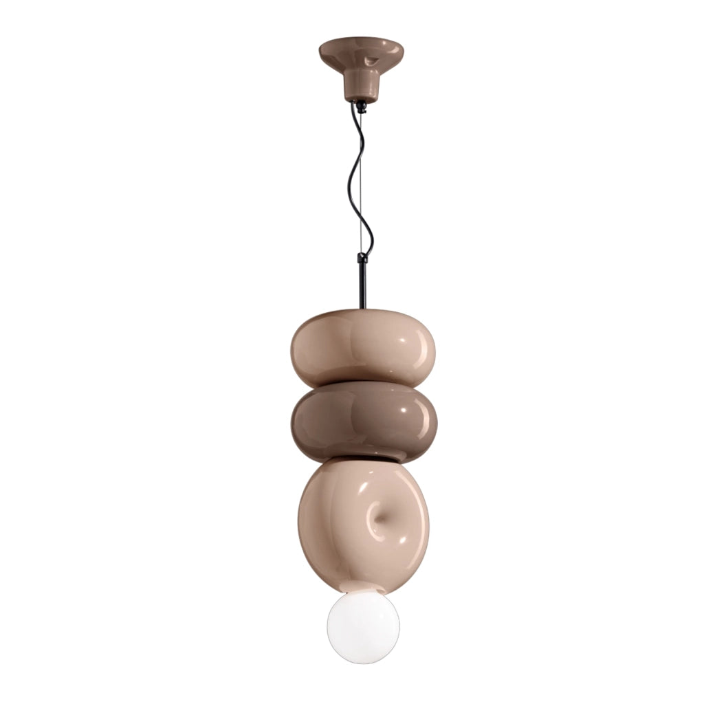 Sospensione Vintage Decò Bumbum 2+1 Elementi Ceramica Crema E Grigio 1 Luce E27