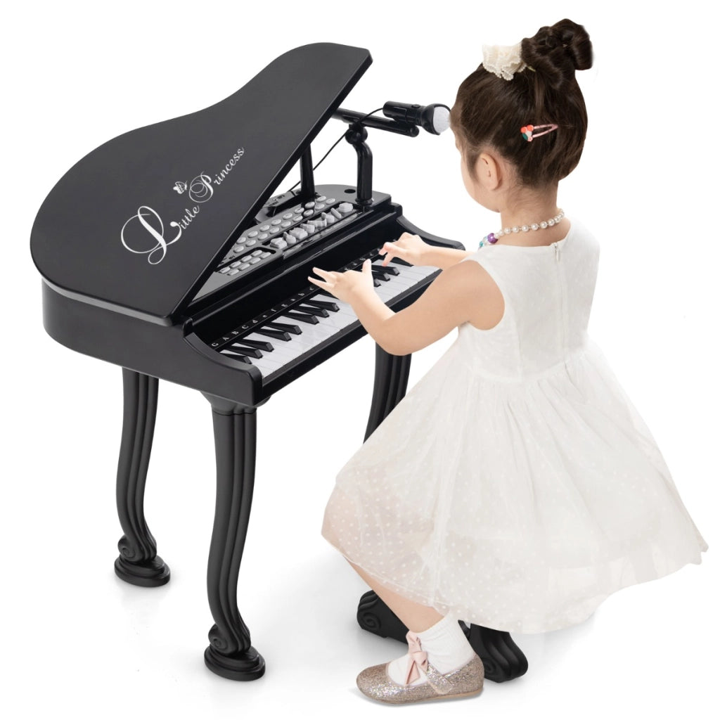Tastiera a 37 tasti per bambini con sgabello, Pianoforte giocattolo multifunzionale portatile con microfono Nero