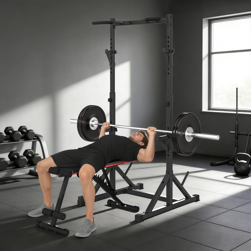 Squat Rack Regolabile con Doppio Supporto, Portadischi e Barra Trazioni ¨C Minimal ¨C Acciaio, Nero, 112-100x201-217 cm