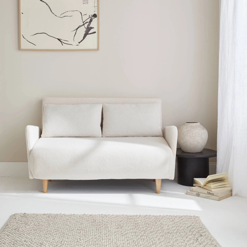 Divano letto in bouclé con gambe in legno, 2 posti, crema