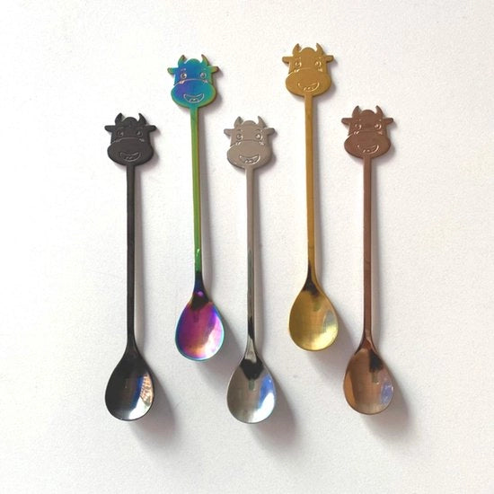 Set di cucchiai per caffè in acciaio inossidabile da 5 pezzi - Disegni di mucche colorate