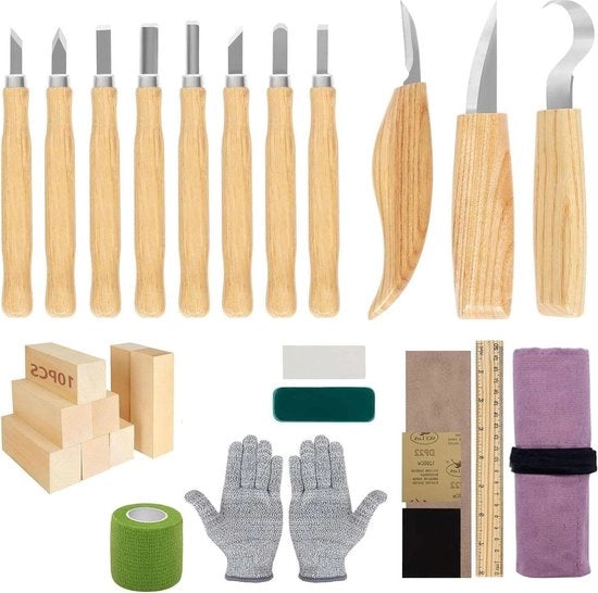 Set di strumenti per la lavorazione del legno - Blocchi di lavorazione di legno, Penna, Spatola, Chiave a sonde - Guanti di taglio resistente - per principianti e professionisti