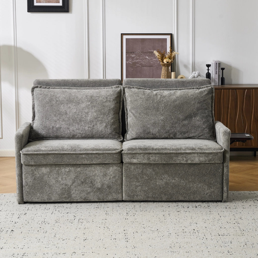 Divano letto con cuscini e USB ¨C Minimal ¨C 3 in 1, schienale regolabile, contenitore, chenille, grigio