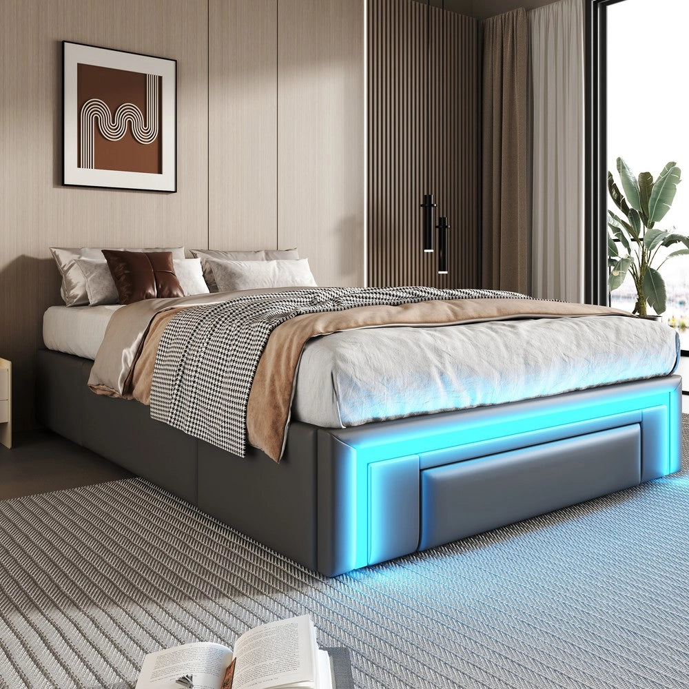 Letto Singolo con Cassetti e LED ¨C MINIMAL ¨C PU Grigio 90x200