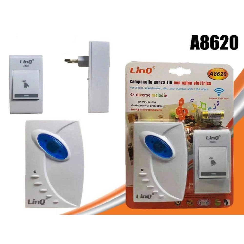 Trade Shop - Campanello Wireless Spina Elettrica Senza Fili 32 Melodie A8620 Distanza 100 Mt -