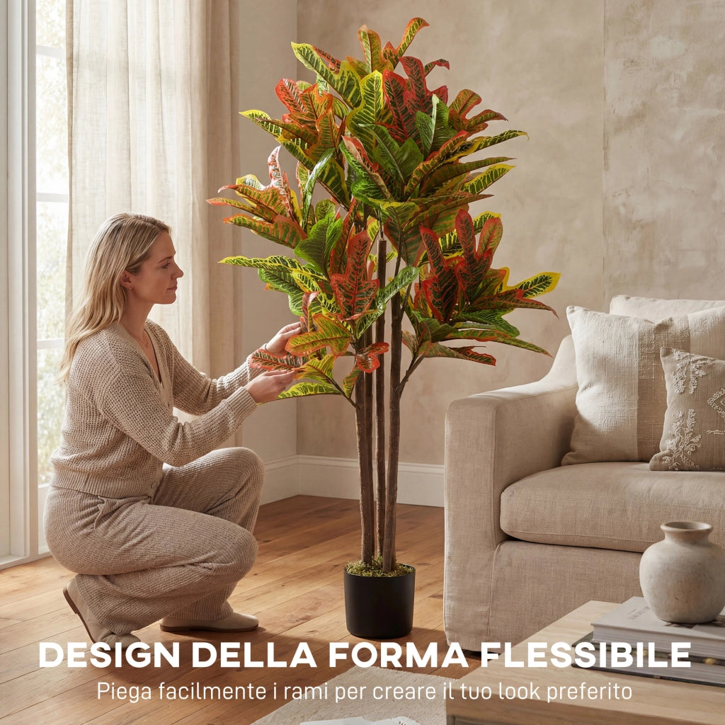 Pianta Artificiale Croton Multicolore ¨C Xylo ¨C PEVA e Legno con Vaso PP e Cemento 55x55x120cm