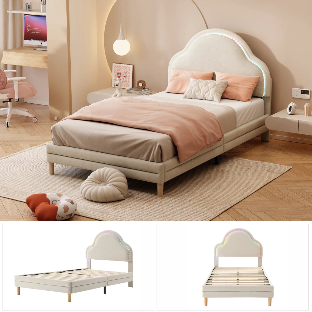Letto Singolo Imbottito con Testiera LED a Nuvola ¨C MINIMAL ¨C Velluto Beige 90x200