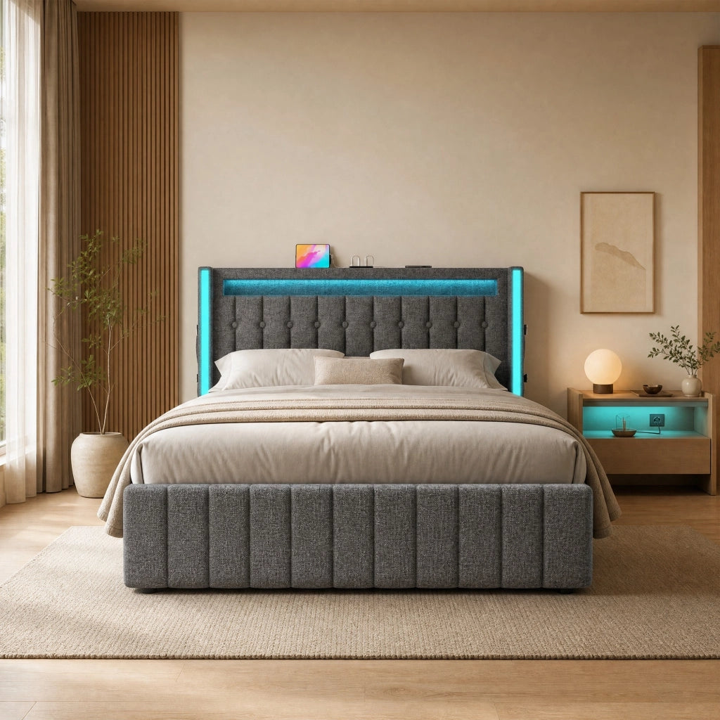 LETTO imbottito 160x200 cm in lino grigio con 4 cassetti, USB e LED
