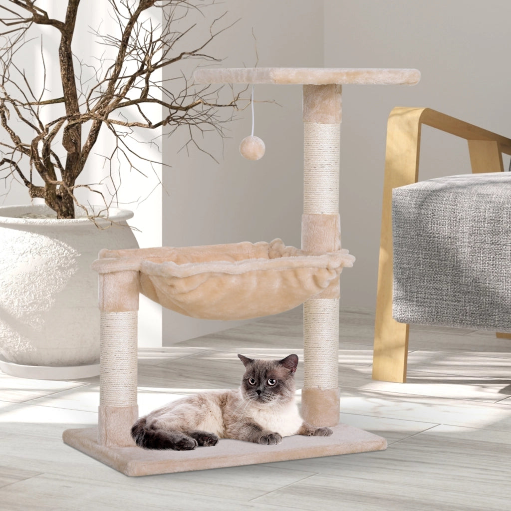 Tiragraffi per Gatti con Amaca e Pallina ¨C Xylo ¨C Legno e Peluche Beige 50x36x70cm