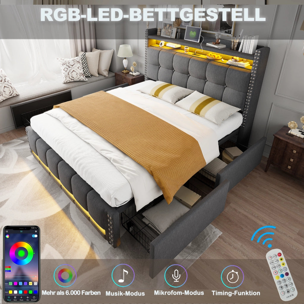 LETTO imbottito 160x200 cm Grigio con LED, USB, cassetti e ripiani