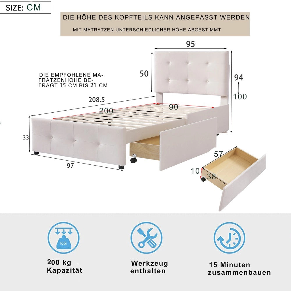 Letto Singolo Imbottito con Cassetti e Rete ¨C MINIMAL ¨C Velluto Beige 90x200