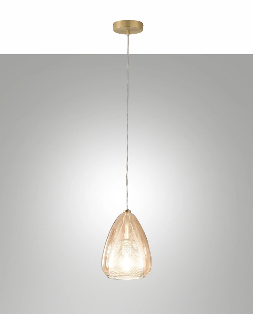Britton Lampada a Sospensione in Metallo e Vetro Borosilicato Colore Ambra, Design Moderno, Attacco E27, Diametro 22cm, Classe di Isolamento 1