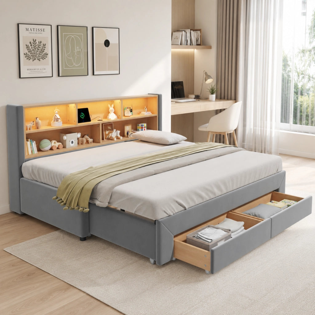LETTO Estraibile 90x200 cm in velluto grigio con cassetti, USB e LED
