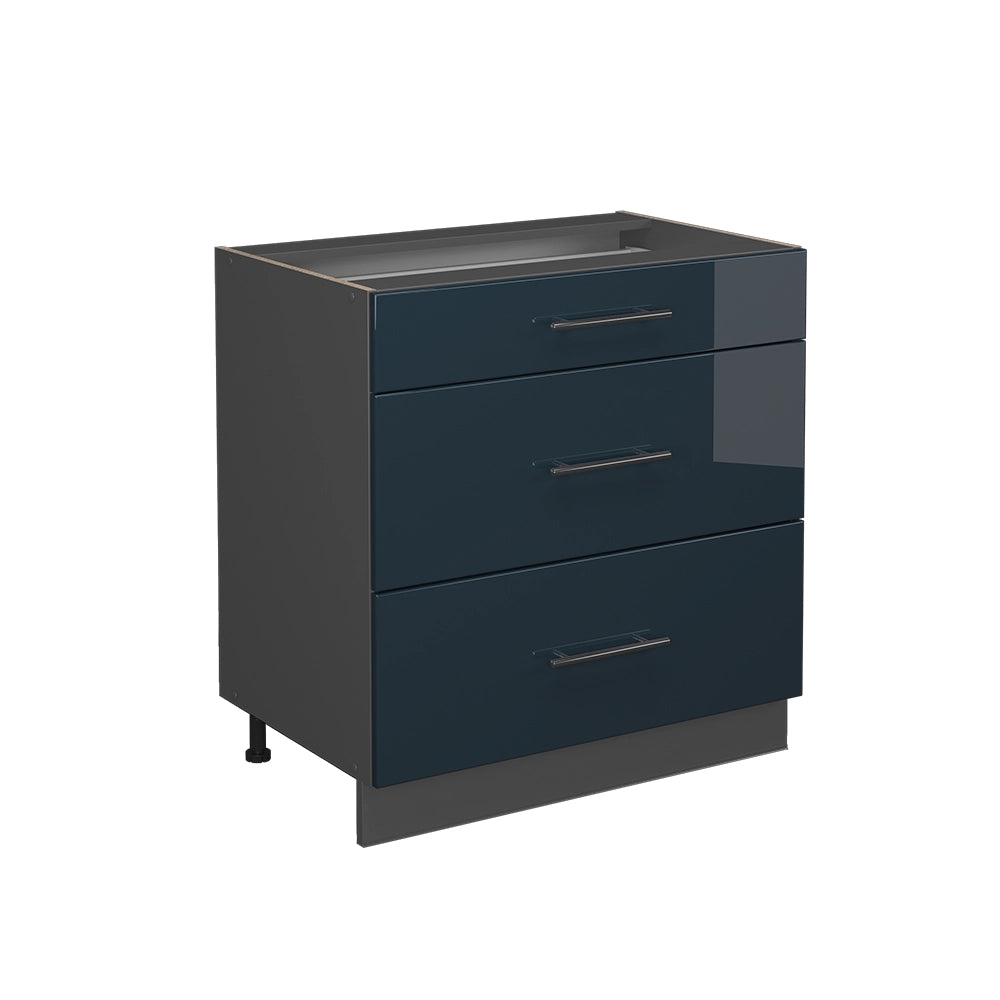 Mobiletto base per cucina Fame-Line Blu scuro lucido/Antracite 80 cm con 3 cassetti, PL Rovere Vicco