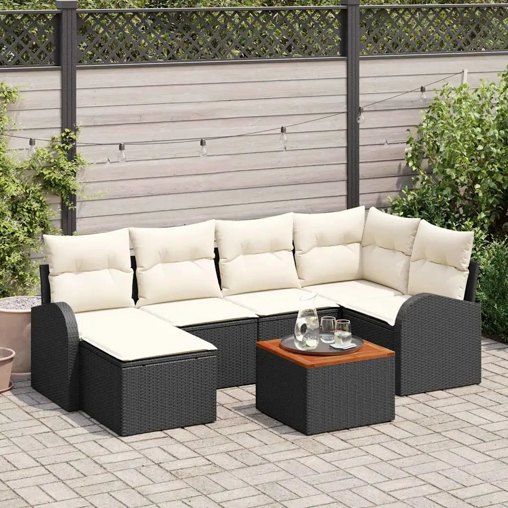 Set Divano da Giardino 7 pcs Nero e Crema polyrattan