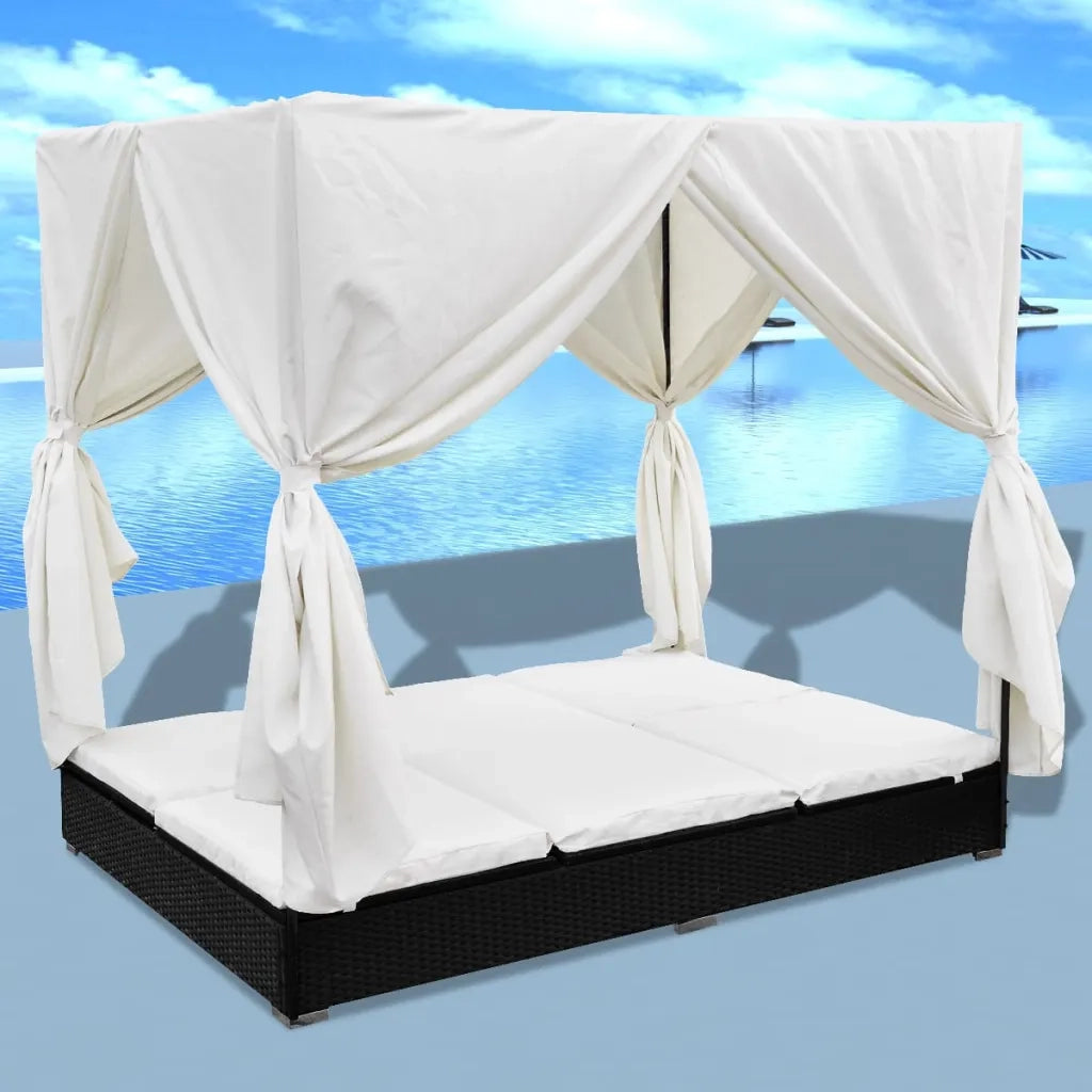 Lettino Prendisole con Tende in Polyrattan Nero 42948