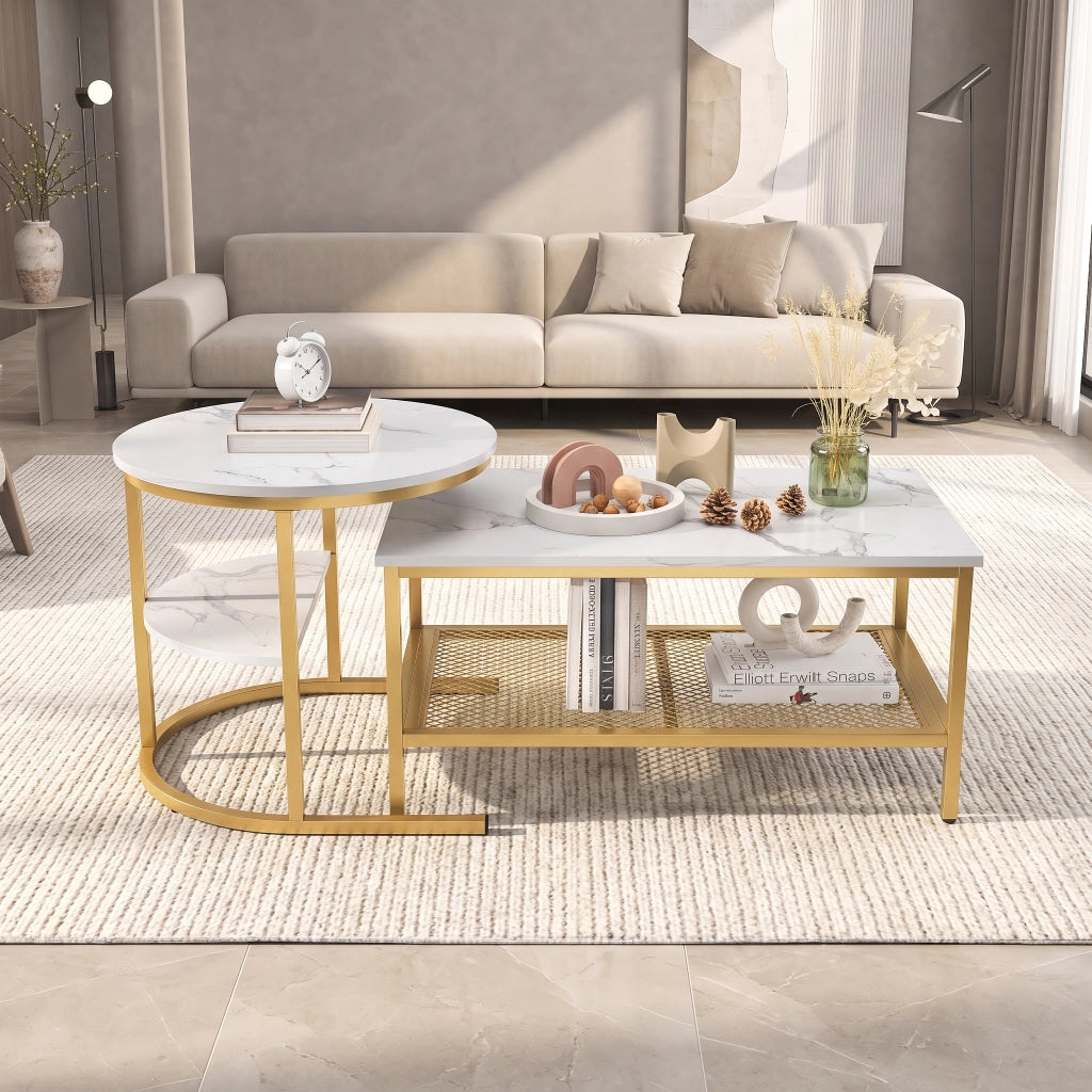 Tavolini salotto rotondi set 2 pezzi 80x46x41 cm con spazio contenitore tavolino da divano effetto marmo struttura in metallo - bianco e oro