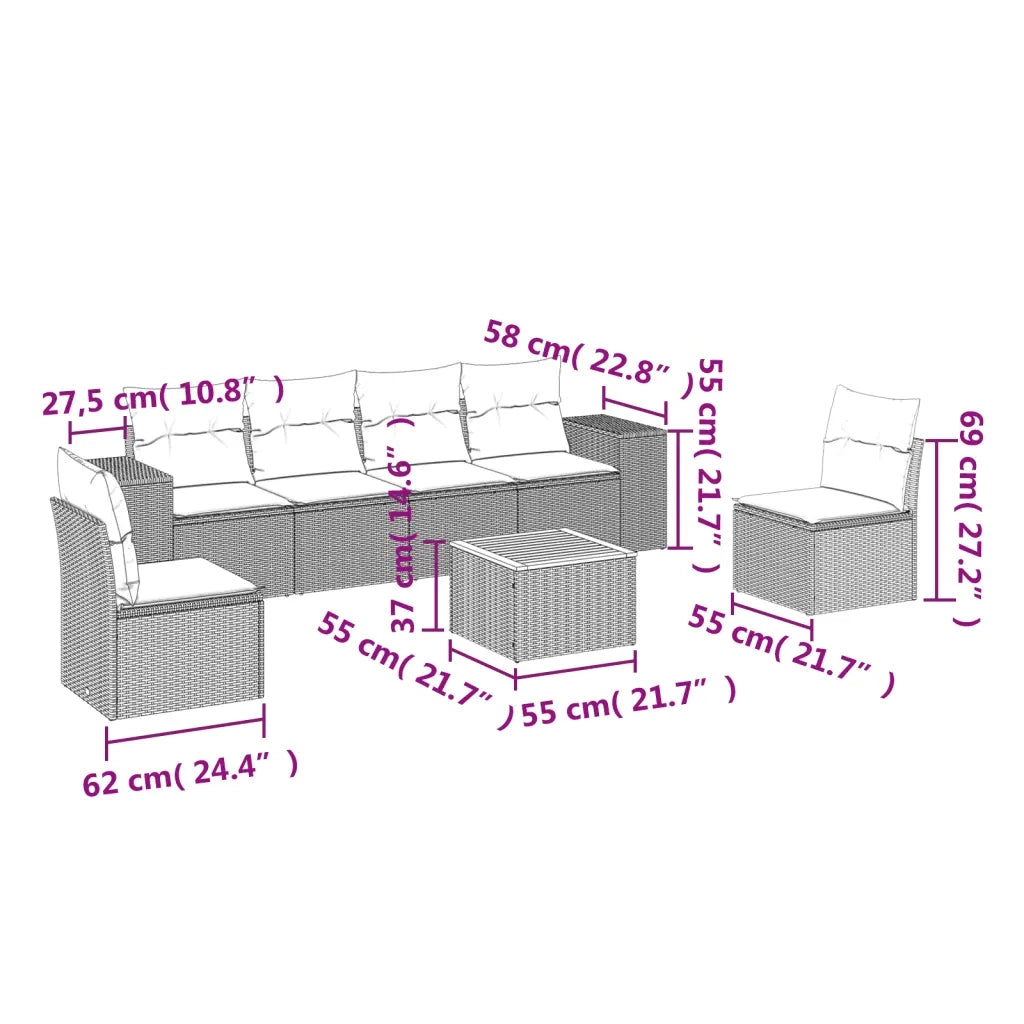 Set Divani da Giardino 7 pz con Cuscini Beige in Polyrattan