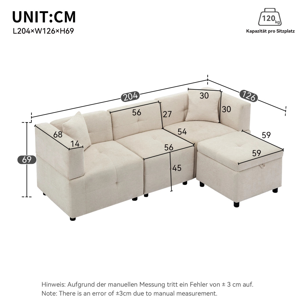 DIVANO MODULARE 3 POSTI 204x126x69 cm Chenille Beige con pouf contenitore e 2 cuscini
