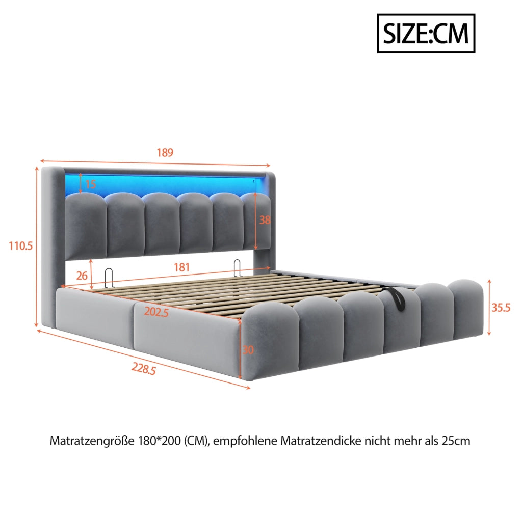 Letto imbottito matrimoniale 180x200 con contenitore, LED e porte USB/C