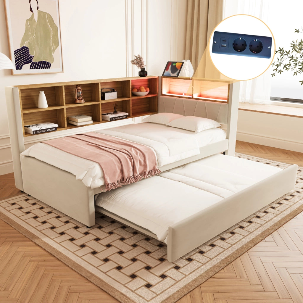 Divano letto 90x200 - Zephmum - LED, prese, ripiani, flanella beige