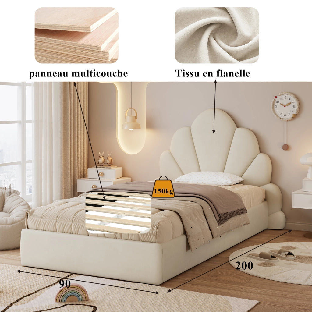 LETTO Singolo 90x200 cm Velluto Beige