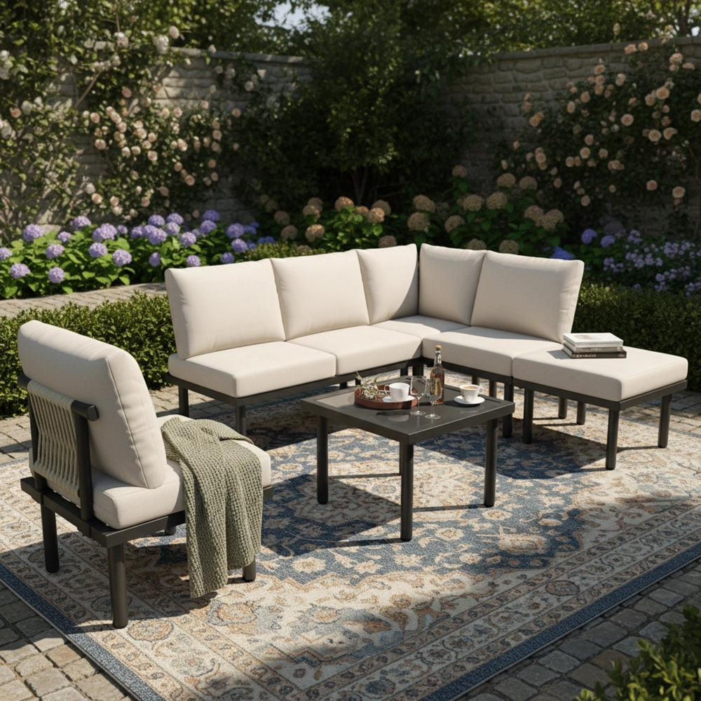 Set da giardino 6 posti - Zephmum- Telaio in ferro zincato, tavolo in vetro, cuscini inclusi