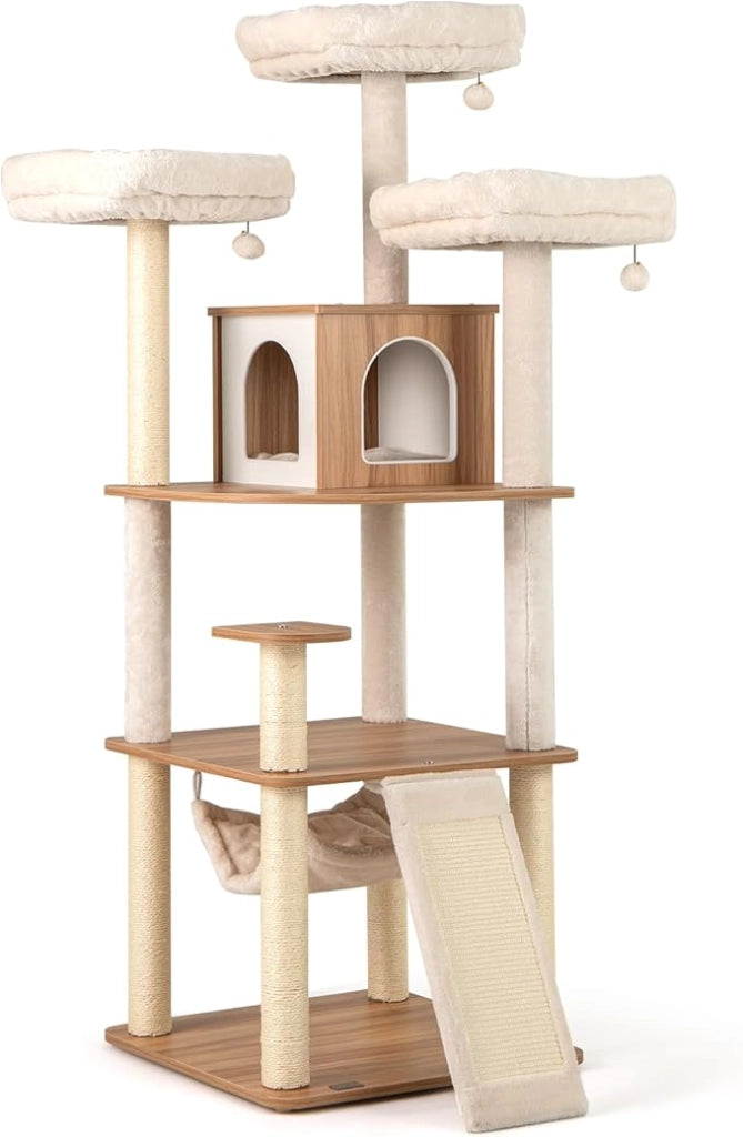 Tiragraffi per Gatti 168 cm, Albero per Animali Domestici con 3 Piattaforme, Condo, Tiragraffi in Sisal, Scala e Palline Appesse, Mobile da Arrampicata con Multi Livelli