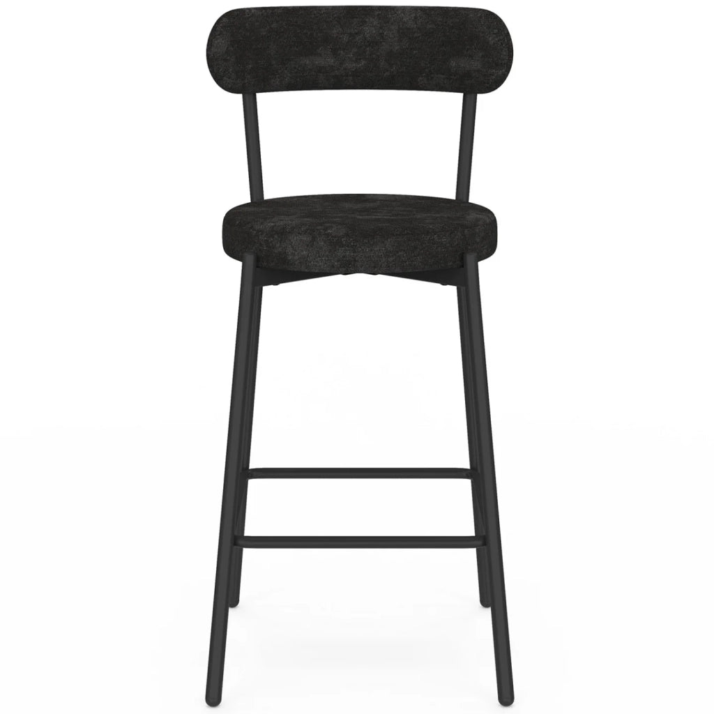 IDMarket - Set di 4 sgabelli da bar MIKI con schienale curvo in tessuto chenille nero e gambe in metallo nero