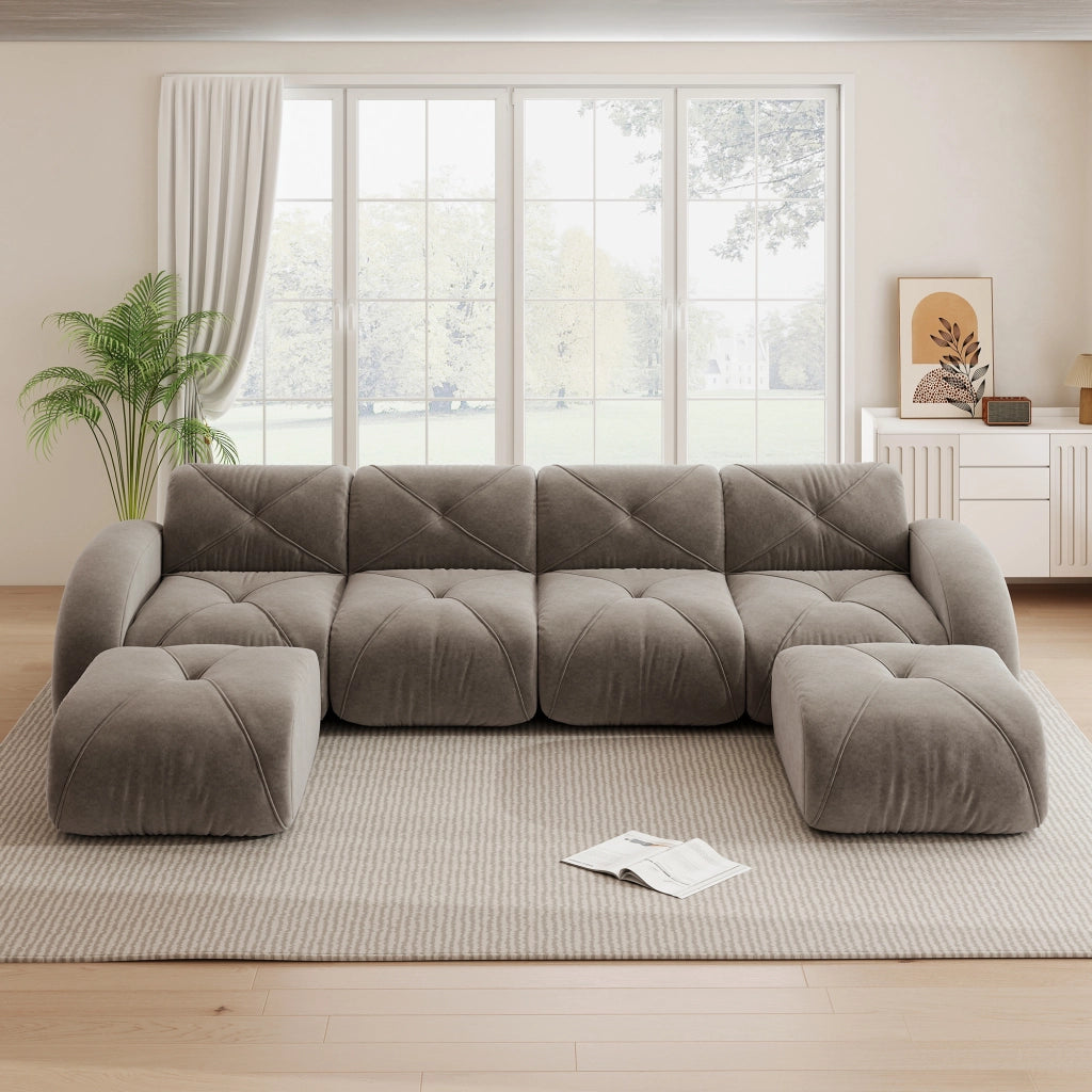 Divano modulare a U - Zephmum- 4 posti, 2 pouf, tessuto comodo, antiscivolo, marrone