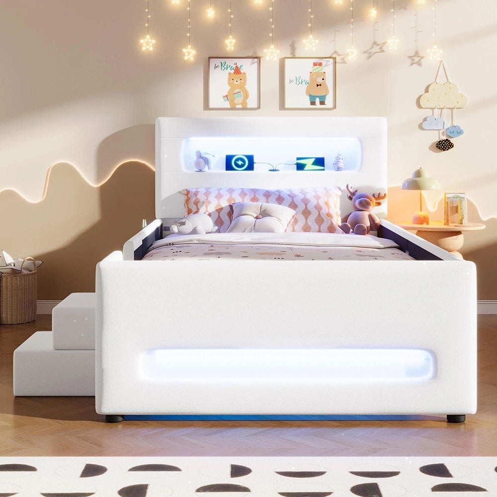 Letto imbottito 90x200cm?- Xylo - scala LED 2 cassetti bianco