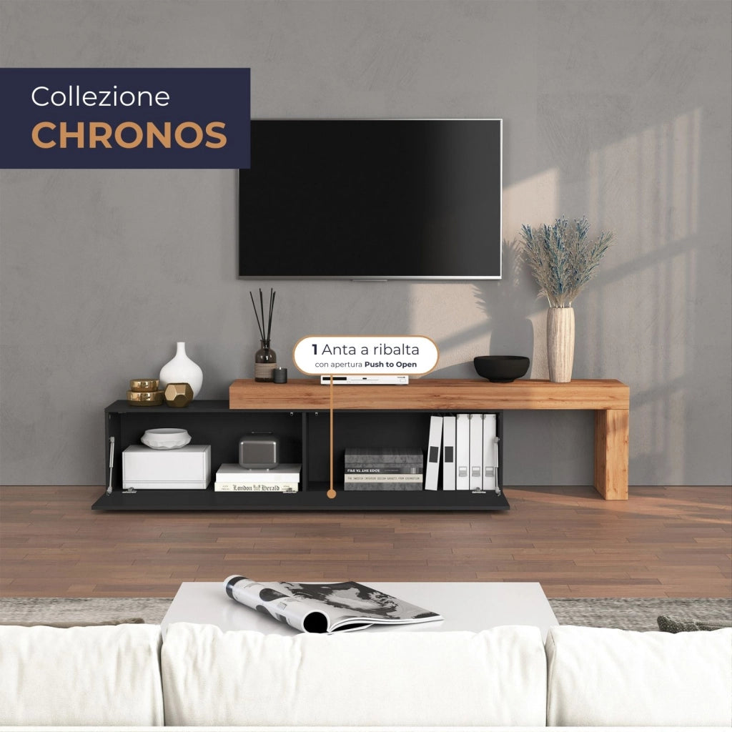 WHOUS Mobile porta tv Chronos estensibile con 1 anta a ribalta antracite/rovere 190/350x40x51 cm