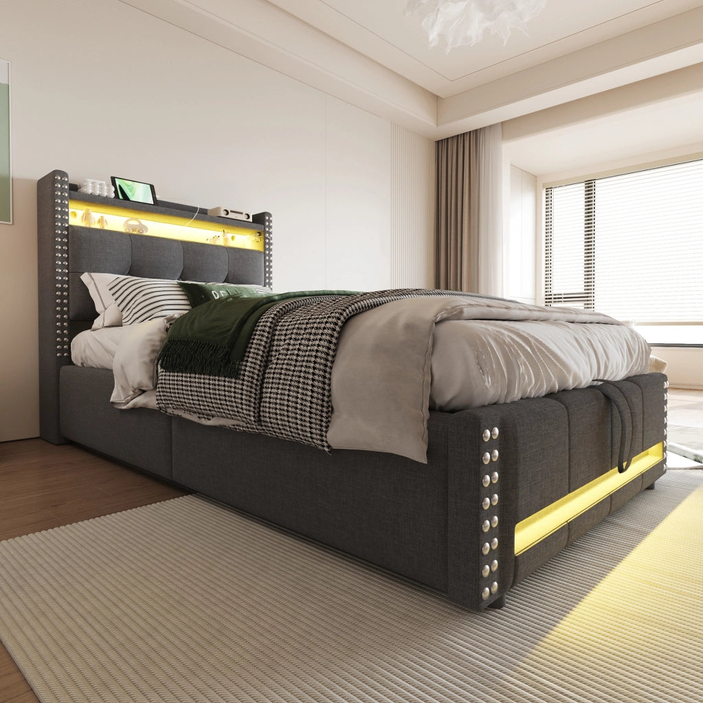 Letto imbottito 90x200 cm con LED; USB e contenitore