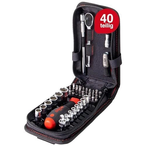 Wiha 44684 Set di Chiavi a Bussola ed Inserti 1-4'' 40 Pezzi con Borsa Funzionale e Clip per Cintura colore Nero
