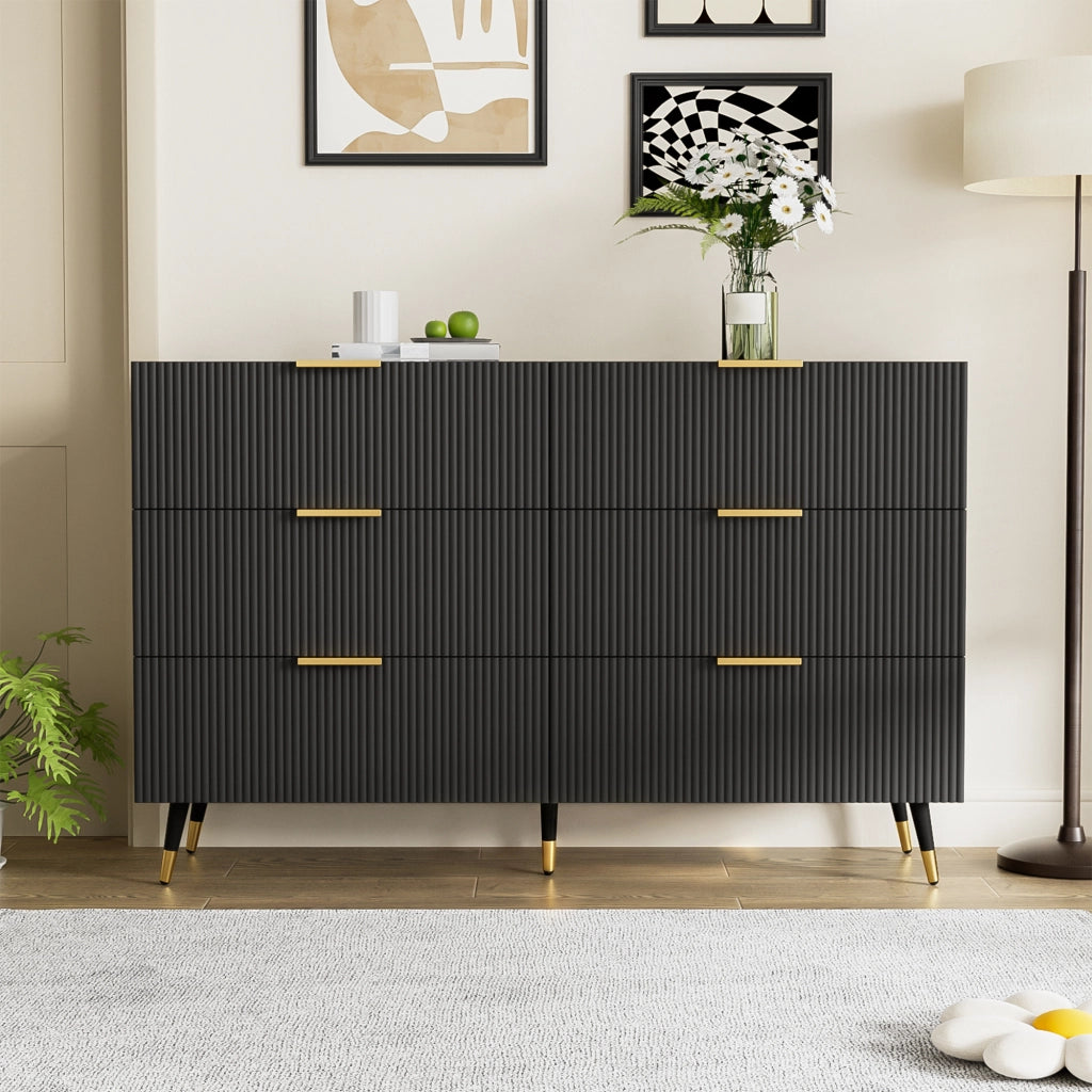 Credenza moderna nera e oro con 6 cassetti, 120x40x77 cm, design minimalista