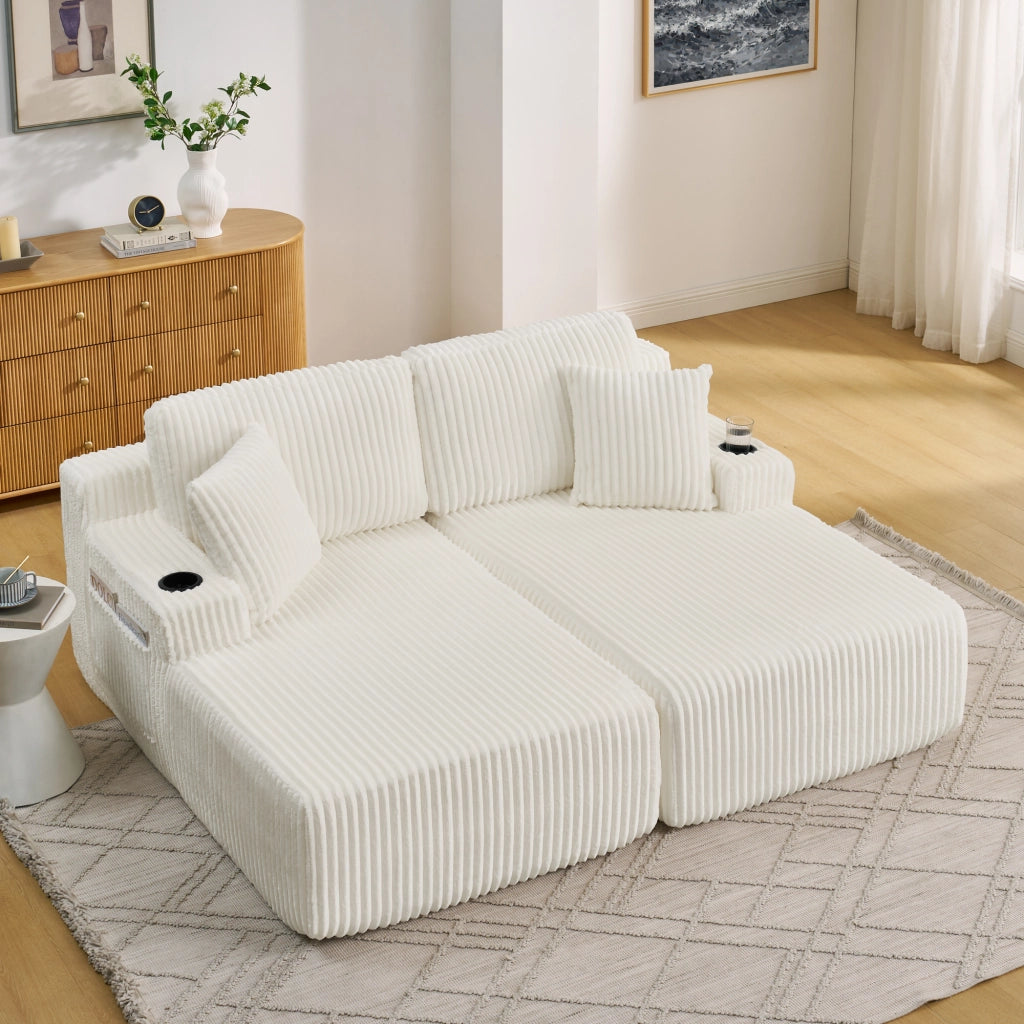 Divano convertibile a 2 posti in tessuto a coste con tasca laterale, portabicchieri e cuscini, beige