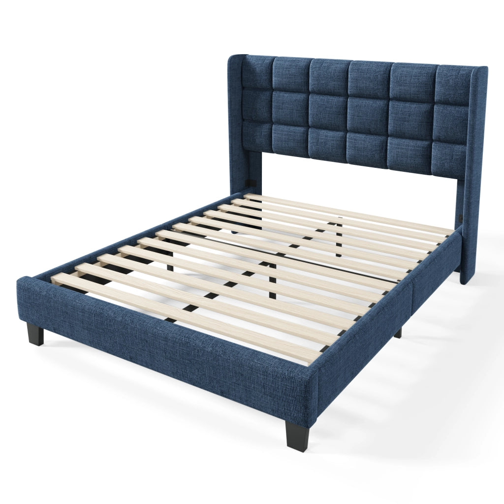 LETTO imbottito 140x200 cm in lino blu con rete a doghe