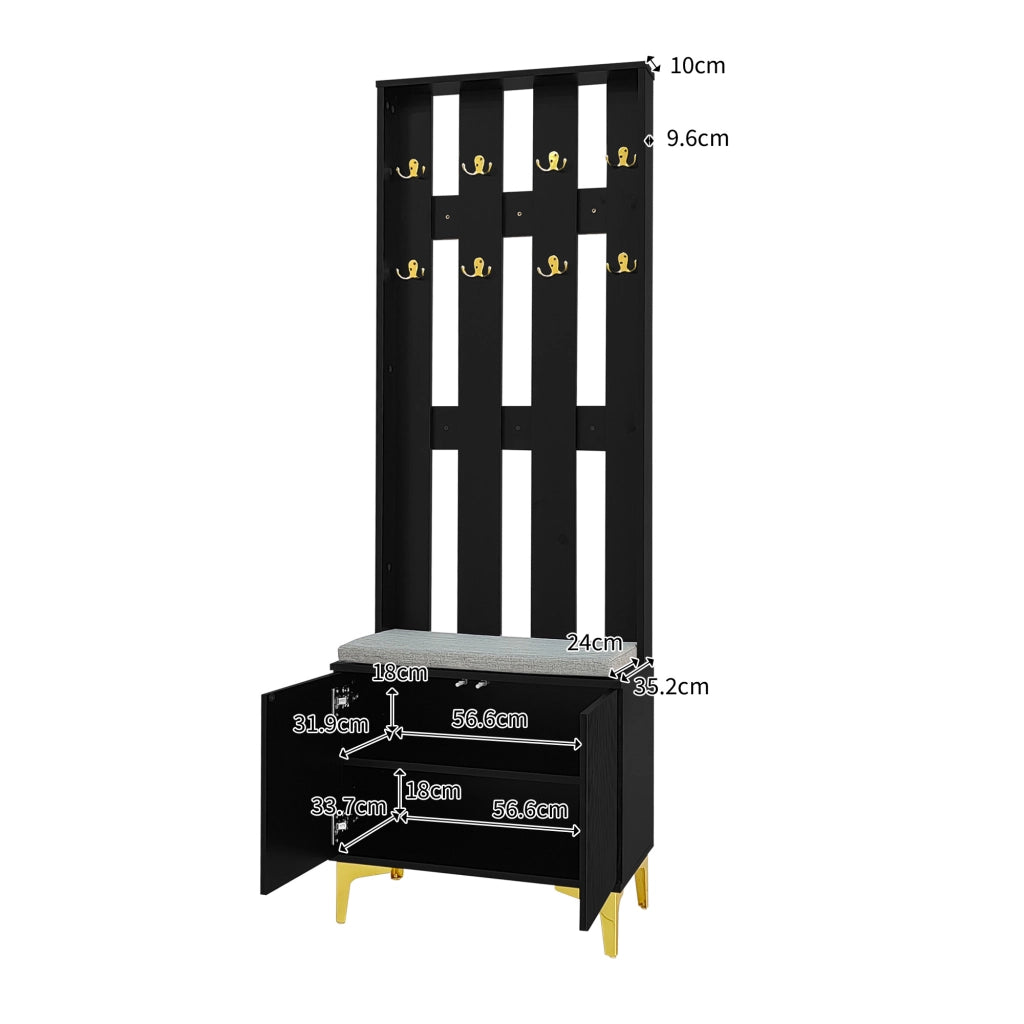 ARMADIO Ingresso con ganci e cuscini 60,5x180,5x35,2 cm Nero/Oro