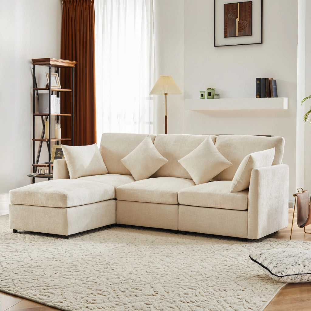 Divano angolare L convertibile in 3 posti - Zephmum - Modulare con pouf mobile e 4 cuscini in chenille, beige