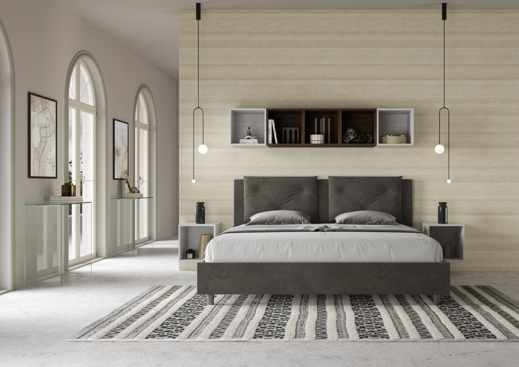 BS COM Letto matrimoniale king size con rete imbottito 190x210 microfibra grigio