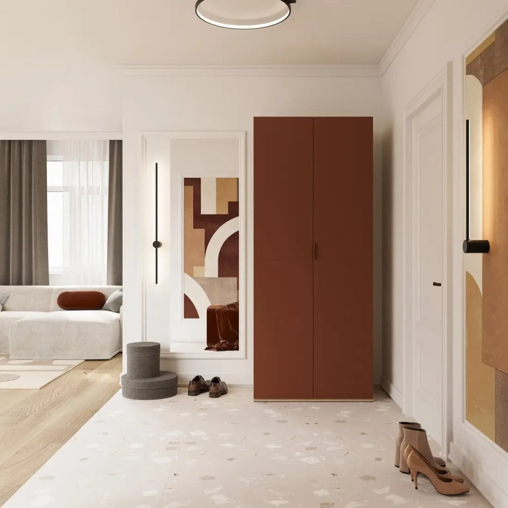 Armadio CALMIA terracotta e quercia chiara 90 cm con appendiabiti e scaffali